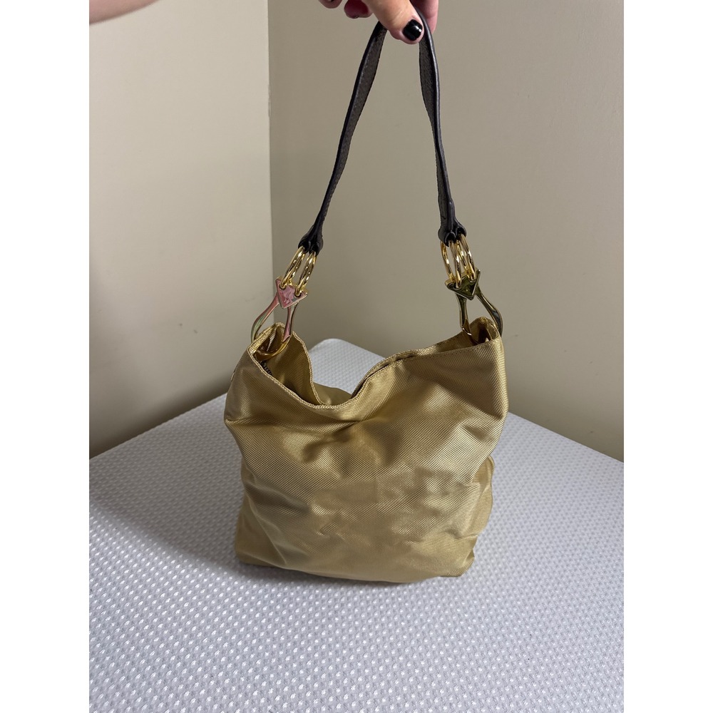JPK Paris 75‎ Shoulder Bag Womens Gold Nylon Hobo Brown Leather Strap EUC